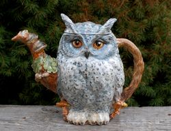 Owl Art teapot Porcelain figurine Fairy bird Ceramic statuette Cute eagle-owl Forest theme ,cute creatures, Oak decor