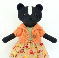 Skunk girl, wool stuffed skunk doll, handmade plush animal toy