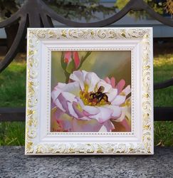 White Rose Painting Bee Artwork Flower Framed Mini Oil Painting Gift for mom