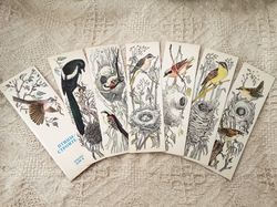 Birds bookmarks, birds illustrations, vintage nature prints, 1989