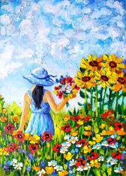 Girl Painting Bouquet Original Art Flower Meadow Landscape Art Sundflower