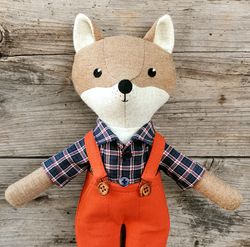 Beige coyote boy, textile plush toy, stuffed wool doll