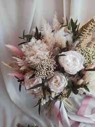 Boho Bridal Bouquet of White Peony Roses and Eucalyptus