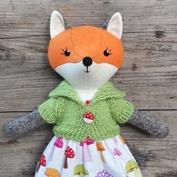 Orange fox girl, handmade fabric fox toy, wool plush doll