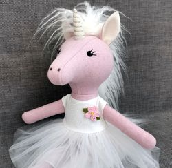Pink unicorn girl, stuffed wool doll, handmade plush toy