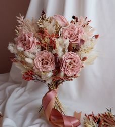 Boho Dried Flower Bouquet Dusty Pink Roses and Pampas grass