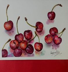 Cherries Painting Original Watercolor Art Realistic Fruits Still Life Painting For The Kitchen Dining Room