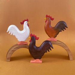Wooden rooster figurine (1 pcs) - Wooden farm animals - Wooden toys - Chicken toy - Natural Toys
