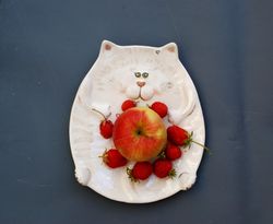 White Cat plate Decorative dish Serving plate Porcelain Fruit bowl Oval saucer, Funny animal dishes, Cat lover gift