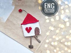 Amigurumi keychain House crochet pattern for Christmas gift. Mini key bag crochet pattern