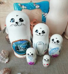 Russian Nesting Dolls with Baikal Seals, Matryoshka with animals, custom-made Russian doll, Mother's Day Gift