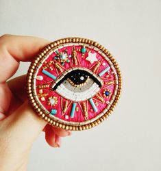 Brooch Evil eye, embroidered brooch, beaded jewelry, pink brooch, handmade brooch gift