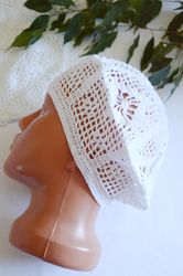 White beret hat / Hand-knitted cotton beret / Crocheted beret