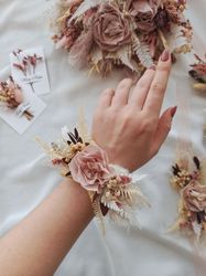 Dried Flower Wrist Corsage Dusty Roses, Boho Bridesmaids Bracelet