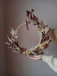 Boho Dried Flower Wreath with Wooden Hoop, Wall Hanging Decor