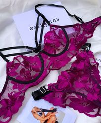 Flower lingerie set, Purple lingerie, Lace lingerie, Violet lingerie