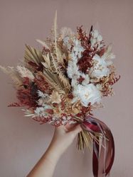 Boho Bridal Burgundy Bouquet with Palm Leaf and Peony Roses