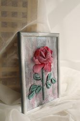 Rose painting, original floral plaster sculpture, palette knife flower, sculpture painting, textured wall decor idea.