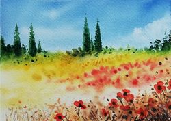 Tuscan Landscape Painting Original Watercolor Art Work Poppies Handscape Painting Floral Tuscan Landscape