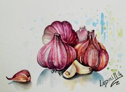 Vegetable Still Life Painting Original Watercolor Art Work Garlic Watercolor Painting For Kitchen Original Wall Art