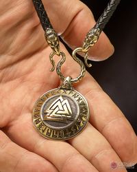 Valknut with Futhark Runes + Leather Necklace 6 mm