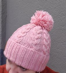 Warm Fall Winter Woman Hat Softy Dusty Rose Hand Knit With Pom Pom