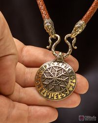Aegishjalmur – Helm of Awe with Futhark Runes + Leather Necklace 6 mm