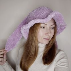 Furry bucket hat with bunny ears Crochet bunny bucket hat Kawaii bucket hat gift gor teens