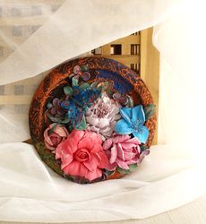 Round flower panel, decorative plaster flowers, home accent, sculptural painting