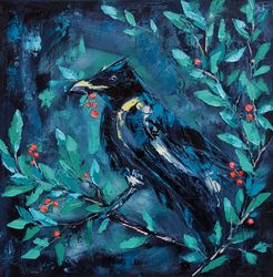 Raven Painting Crow Original Art Bird Artwork Impasto Wall Art 16 by 16 inch ARTbyAnnaSt