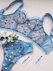 Blue hearts Lingerie set, Baby blue lingerie, Baby blue bra, Baby blue panties, High quality lingerie, Cute lingerie