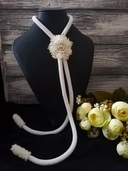 Long necklace beaded , white beautiful flower necklace, white jewelry