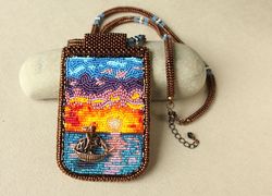 Necklace Sailboat at sunset embroidered  seescapebeaded necklace marine pendant nautical necklace multicolored