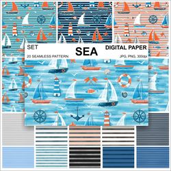 Set  SEA Digital Paper JPG, PNG for scrapbooking, fabric, postcards, Seamless Pattern. Design Surface Fabric Scrapbook
