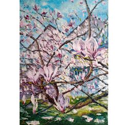 Magnolia painting Original painting Magnolia blossom art Floral artwork Pink blossom art in Canvas wall art Impasto art