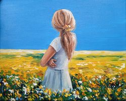 Daisy Painting Girl Original Art Blonde Girl Painting Woman Figure Art Flower Meadow Painting Small Artwork 8 by 10