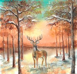 Printable file Deer in the deep forest watercolor painting wall art decor
