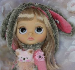 Blythe doll OOAK for adoption with a bunny ears and  a toy bear