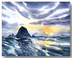 Cannon Beach Painting Art Large Print Oregon Coast Poster Haystack Rock Print Watercolor