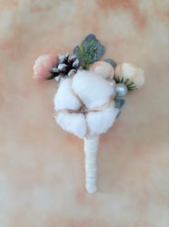 boutonniere for the groom, wedding boutonniere, rustic boutonniere, cotton boutonniere, winter boutonniere