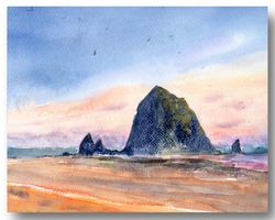 Cannon Beach Art Large Print Oregon Coast Poster Haystack Rock Print Watercolor