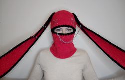 Goth bunny balaclava with ears 24" Red black bunny hat goth Teens gift Rabbit balaclava full face mask.