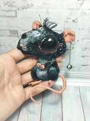 Brooch embroidered black mouse with movable ears, paws and tail.