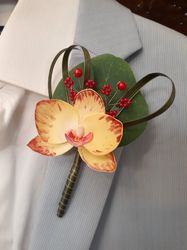 orchid boutonniere, fiancé boutonniere, wedding boutonniere, orange orchid boutonniere, groom boutonniere