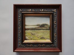 Original Painting Landscape Neutral Artwork Meadow Wall Art Including Antique Wood Frame