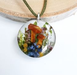 Mushroom terrarium necklace pendant Mushroom jewelry Resin pendant moss mushroom cottagecore
