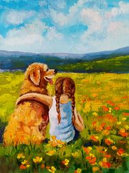 Dog Painting Girl Original Art Friends Artwork Friendship Animal Wall Art Landscape Oil Poppy Painting Flowers