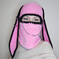 Pastel goth bunny balaclava pink black Kawaii bunny hat adult Teens gift idea Pink bunny hat goth