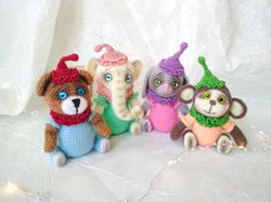 Circus animals dolls. Crocheted set small animals. Elephant, Bunny, Monkey, Bear- crochet toy. Circus animals zoo toys