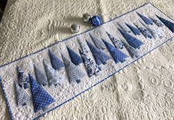 Christmas quilted table runner, Xmas blue trees, Blue bed topper, Winter quilt, Handmade quilted, Quilt items